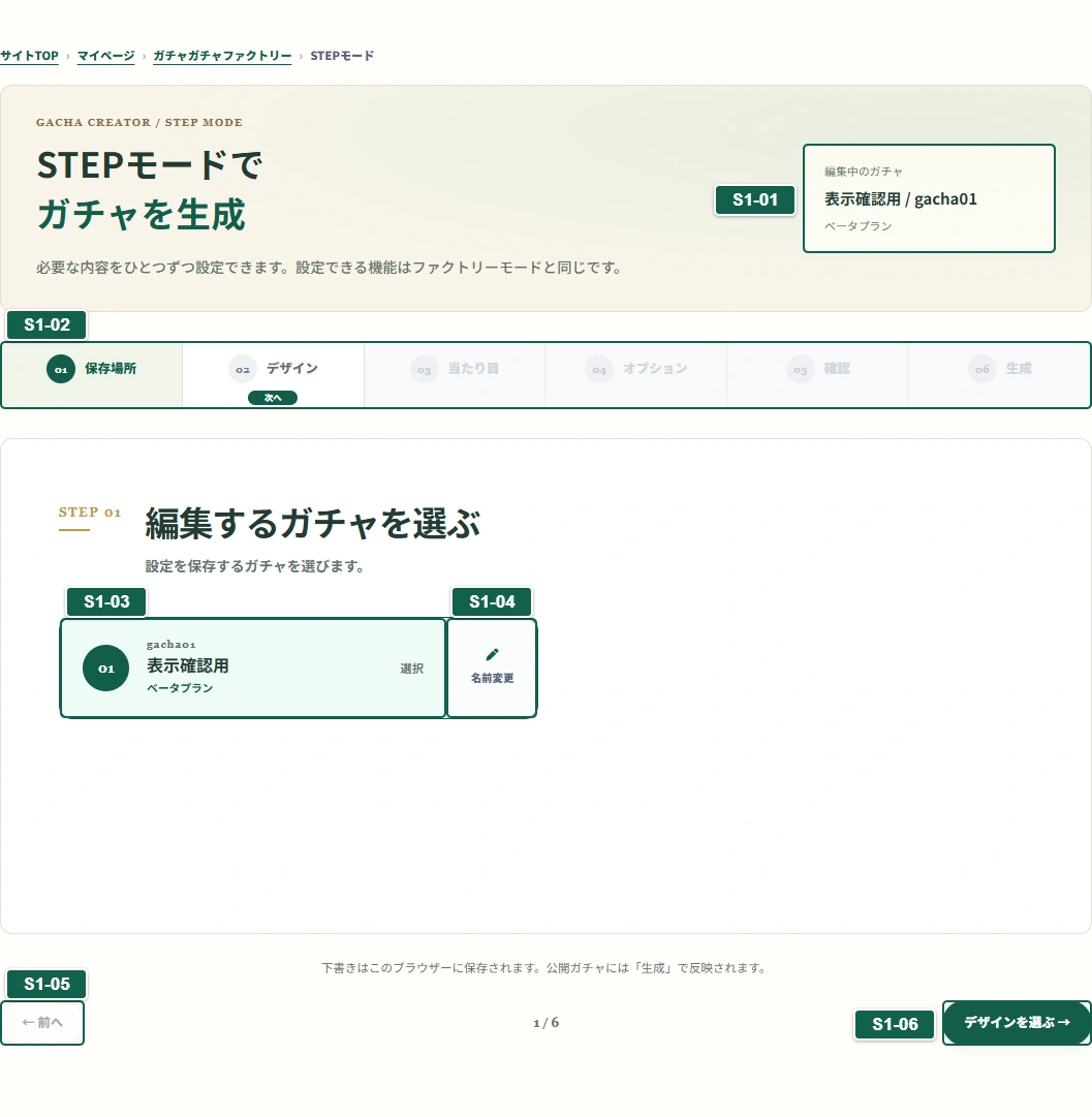 保存場所と画面の進み方：説明番号付きのSTEP画面