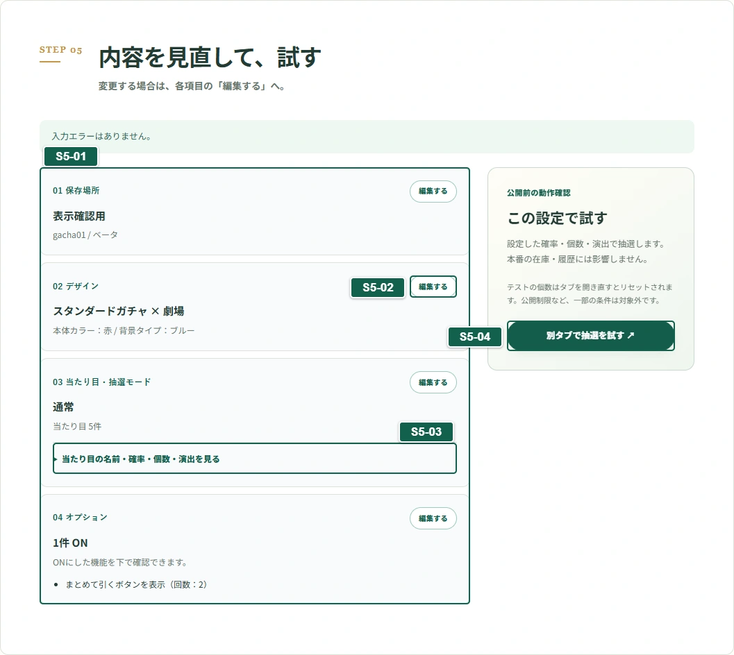 内容を確認して、試す：説明番号付きのSTEP画面